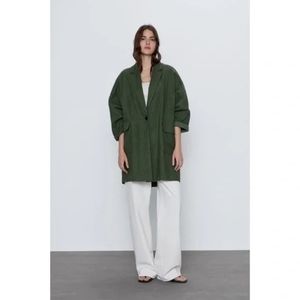Zara Rustic Oversized Cotton/Linen Blend Blazer Coat Dark Green Size Lar…